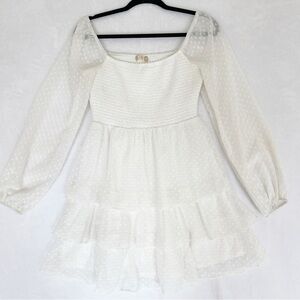 Altar'd State White Swiss Dot Dress Long-Sleeve Tiered Mini Dress Smocked Fairy
